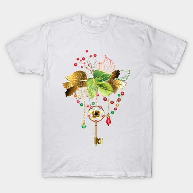 Mysterious Key with Autumn Leaves T-Shirt by Blackmoon9